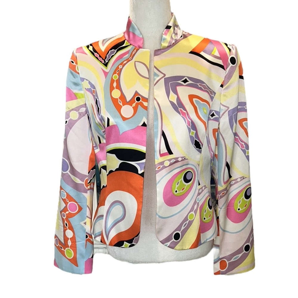 Flores & Flores 100% Silk Vintage Retro Mandarin Collar Cropped Blazer - 8